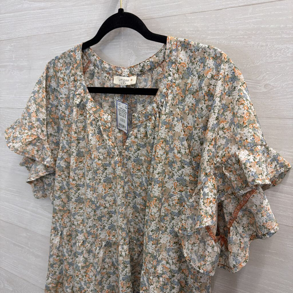 Umgee White/ Blue Floral Print Short Sleeve Top 1XL