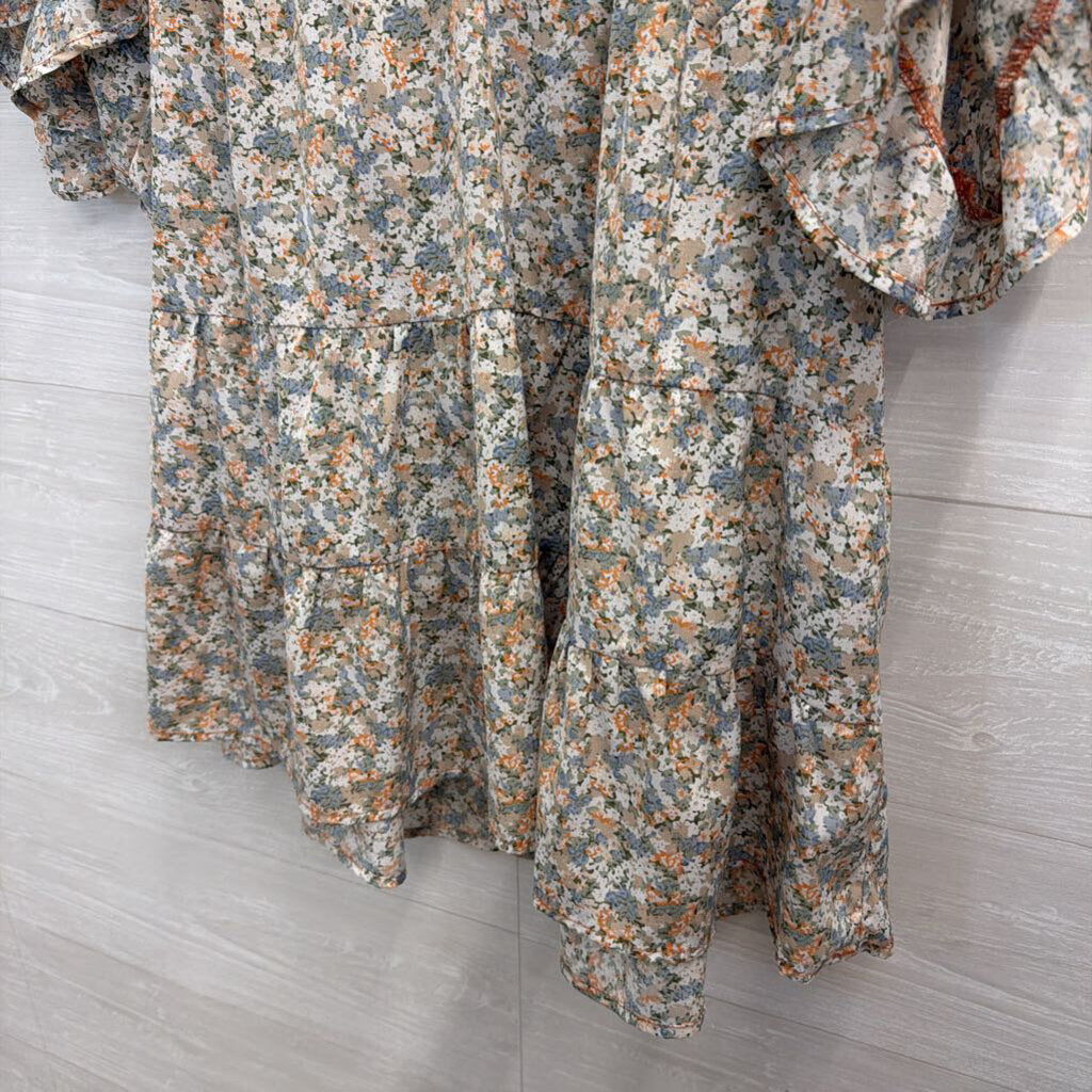 Umgee White/ Blue Floral Print Short Sleeve Top 1XL