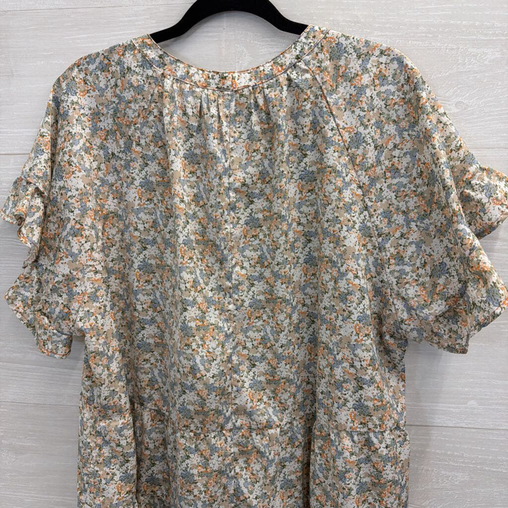 Umgee White/ Blue Floral Print Short Sleeve Top 1XL