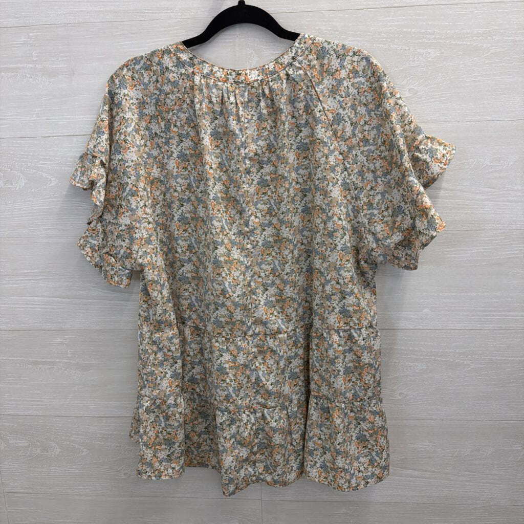 Umgee White/ Blue Floral Print Short Sleeve Top 1XL