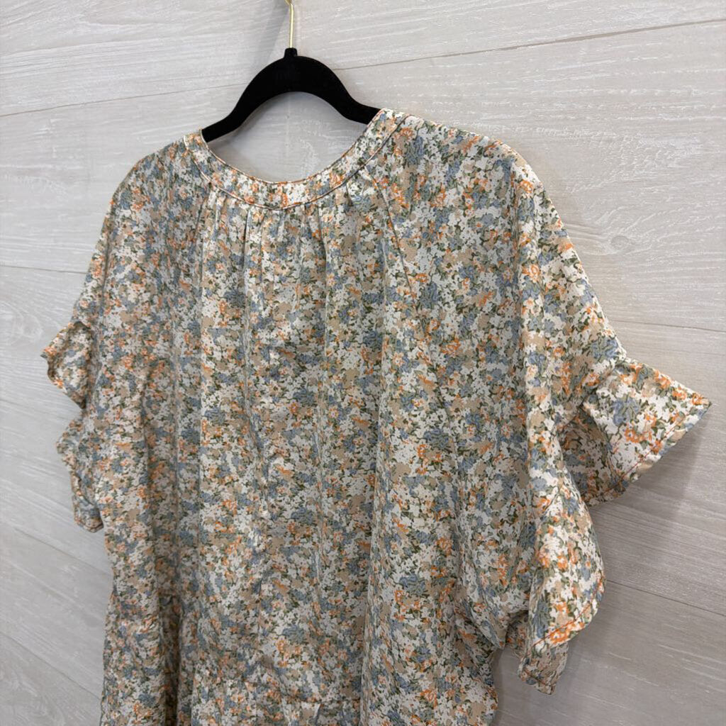 Umgee White/ Blue Floral Print Short Sleeve Top 1XL