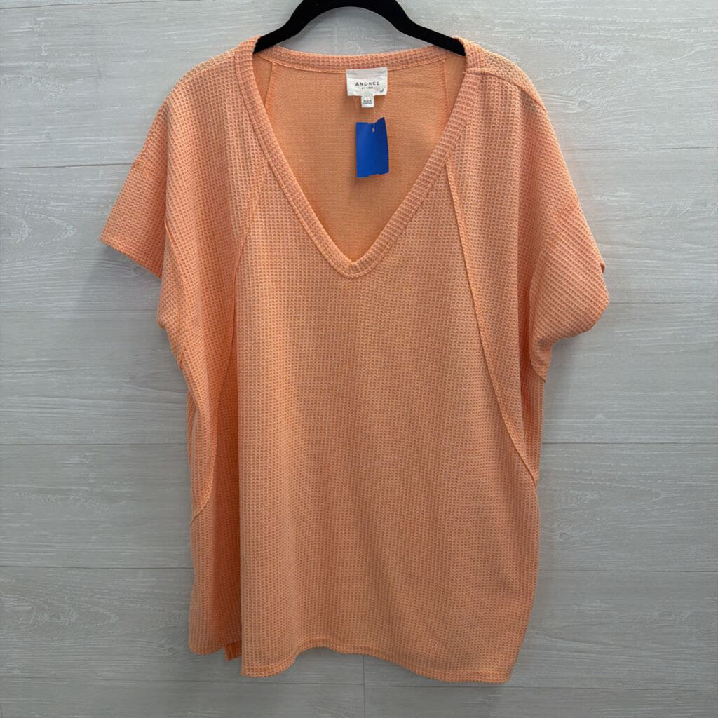 Andree Orange Textured Short Sleeve V Neck Top Extra Large
