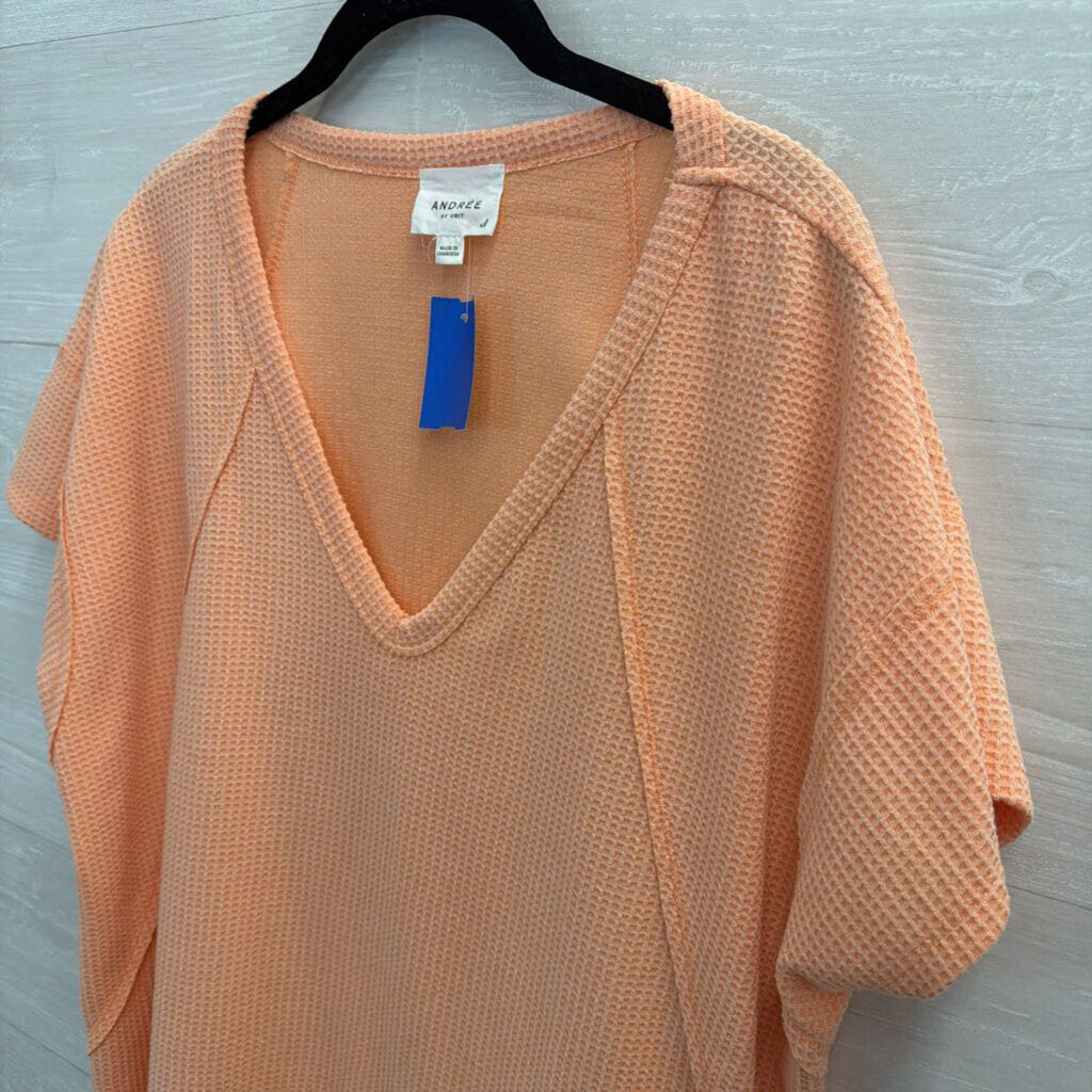 Andree Orange Textured Short Sleeve V Neck Top Extra Large