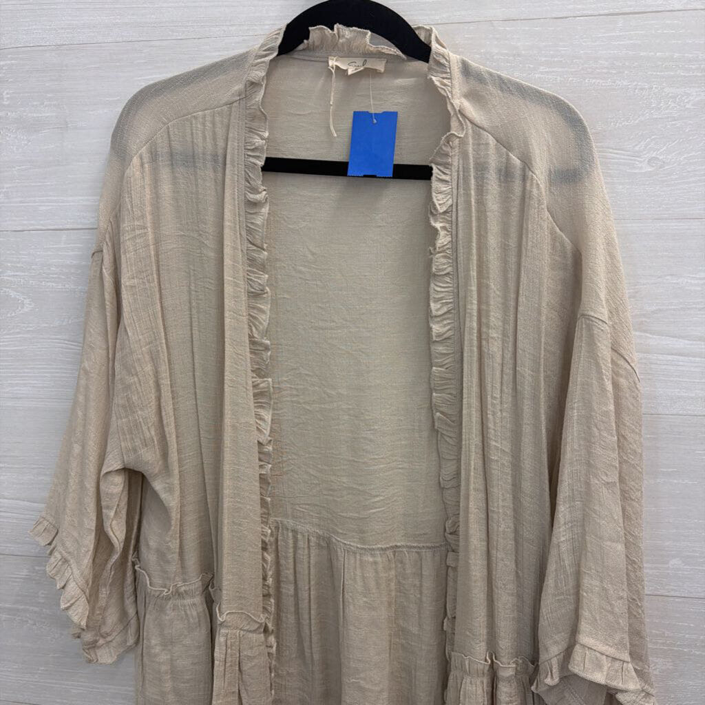 Easel Beige Ruffle Trim Long Sleeve Open Front Kimono Top Large