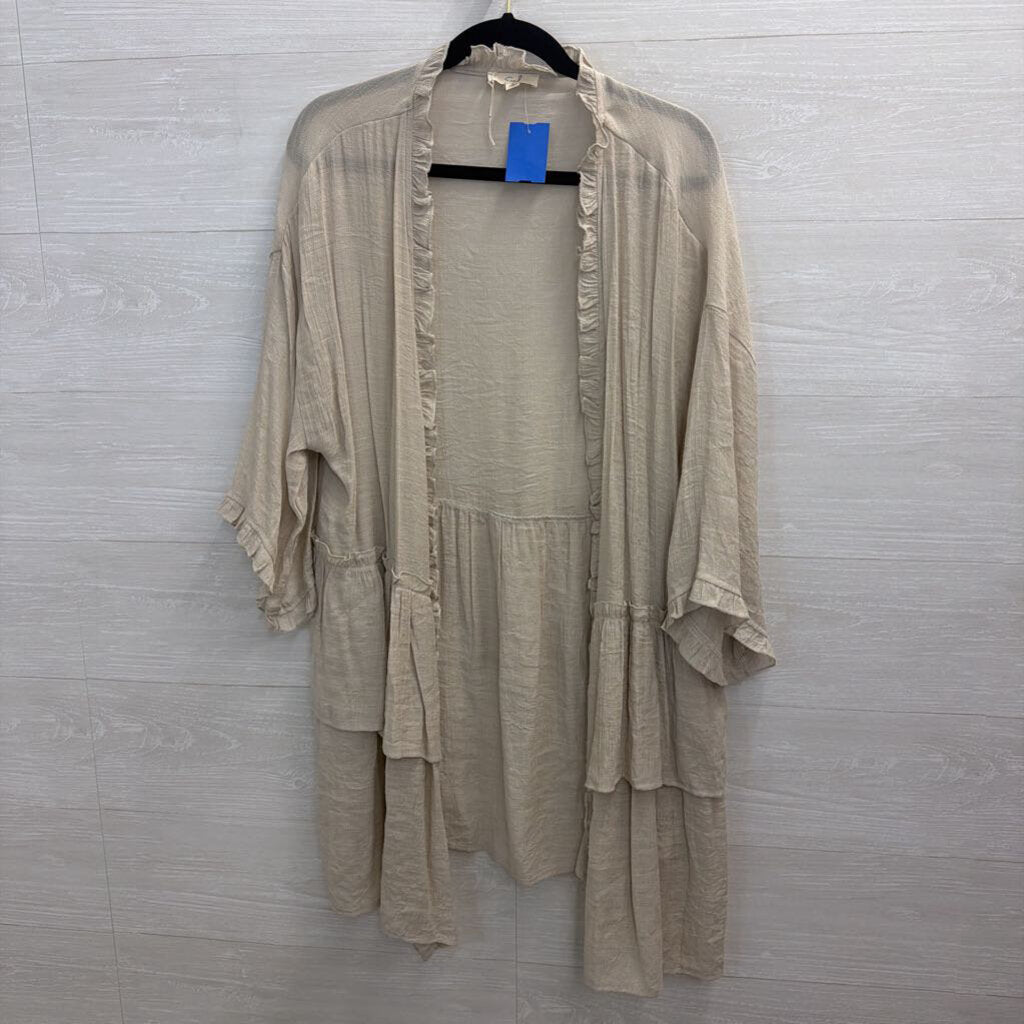 Easel Beige Ruffle Trim Long Sleeve Open Front Kimono Top Large
