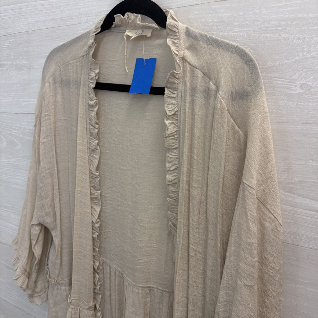 Easel Beige Ruffle Trim Long Sleeve Open Front Kimono Top Large