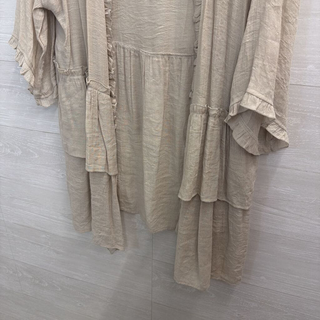 Easel Beige Ruffle Trim Long Sleeve Open Front Kimono Top Large