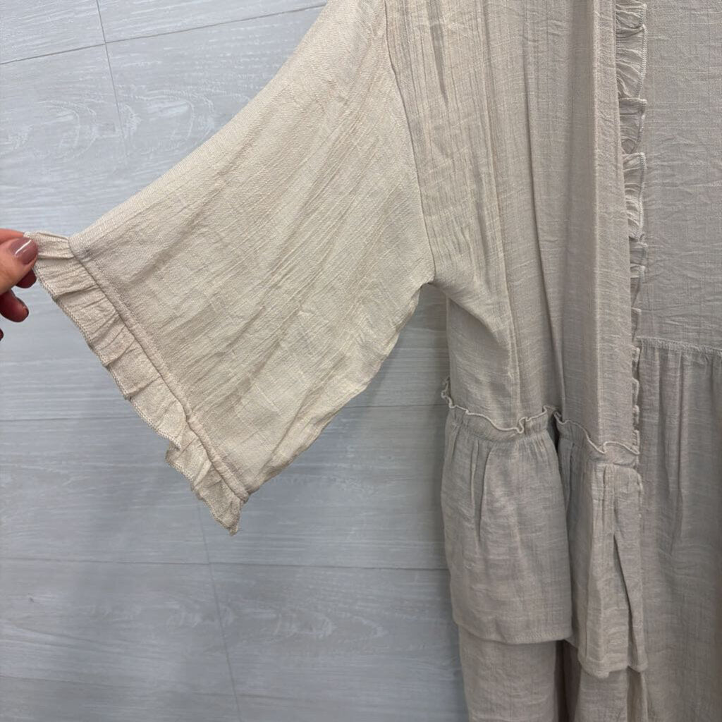 Easel Beige Ruffle Trim Long Sleeve Open Front Kimono Top Large