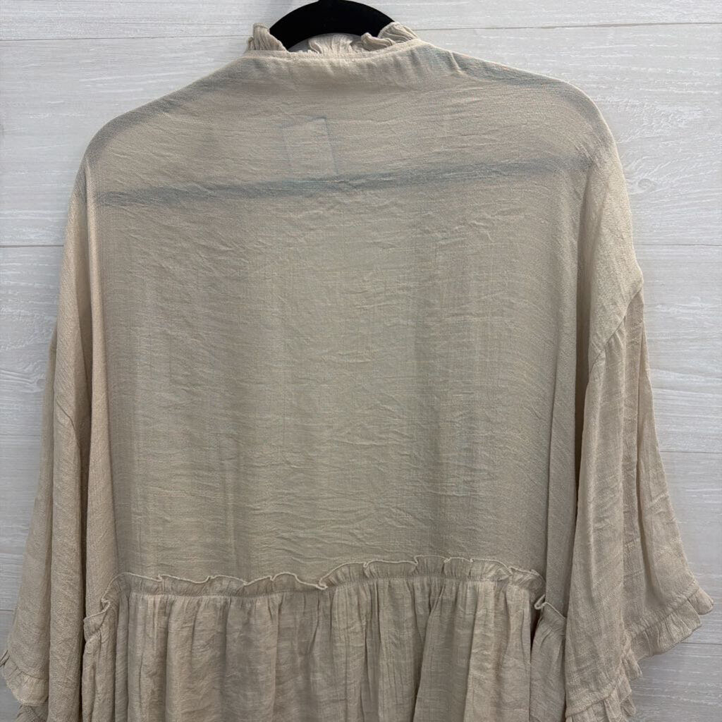 Easel Beige Ruffle Trim Long Sleeve Open Front Kimono Top Large