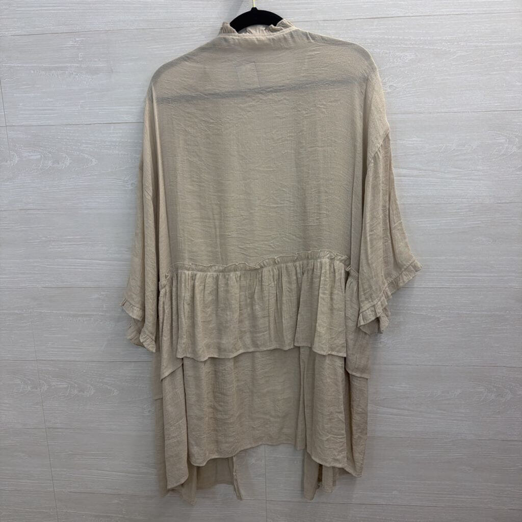 Easel Beige Ruffle Trim Long Sleeve Open Front Kimono Top Large