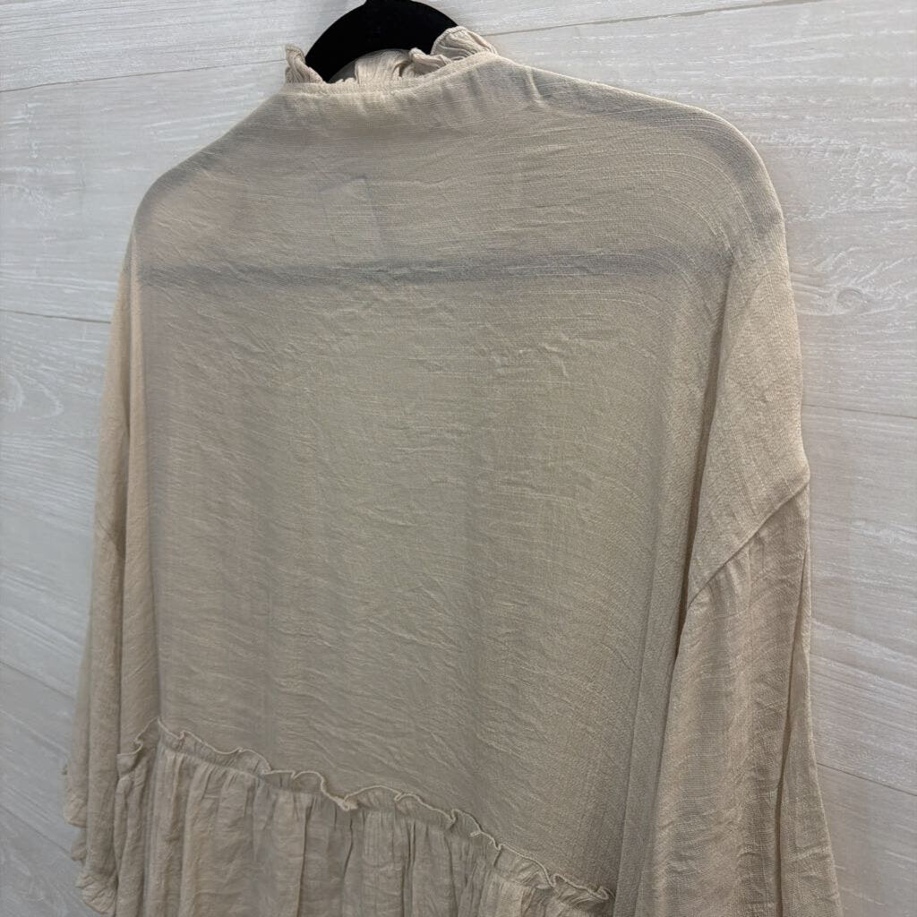 Easel Beige Ruffle Trim Long Sleeve Open Front Kimono Top Large