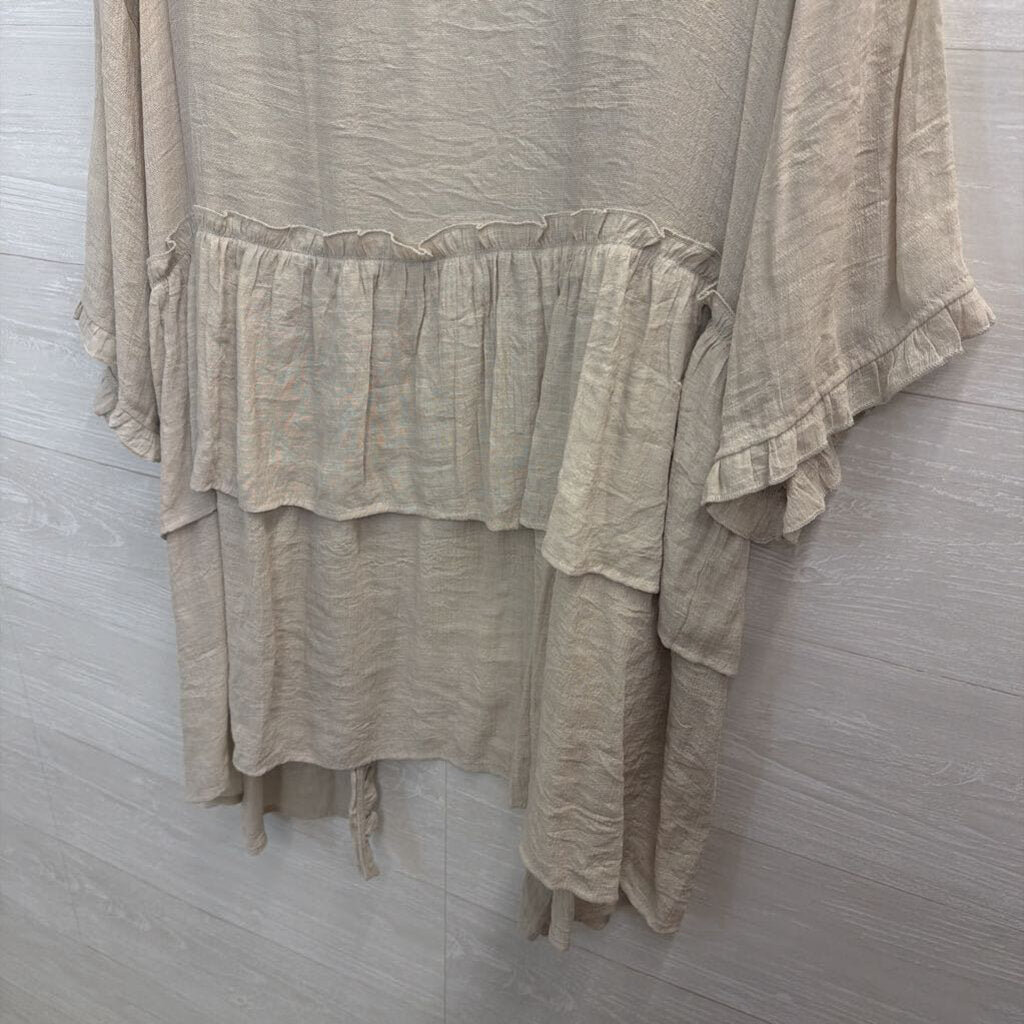 Easel Beige Ruffle Trim Long Sleeve Open Front Kimono Top Large