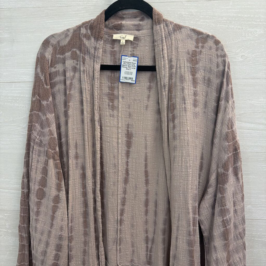 Easel Grey Print Long Sleeve Open Front Kimono Top Large