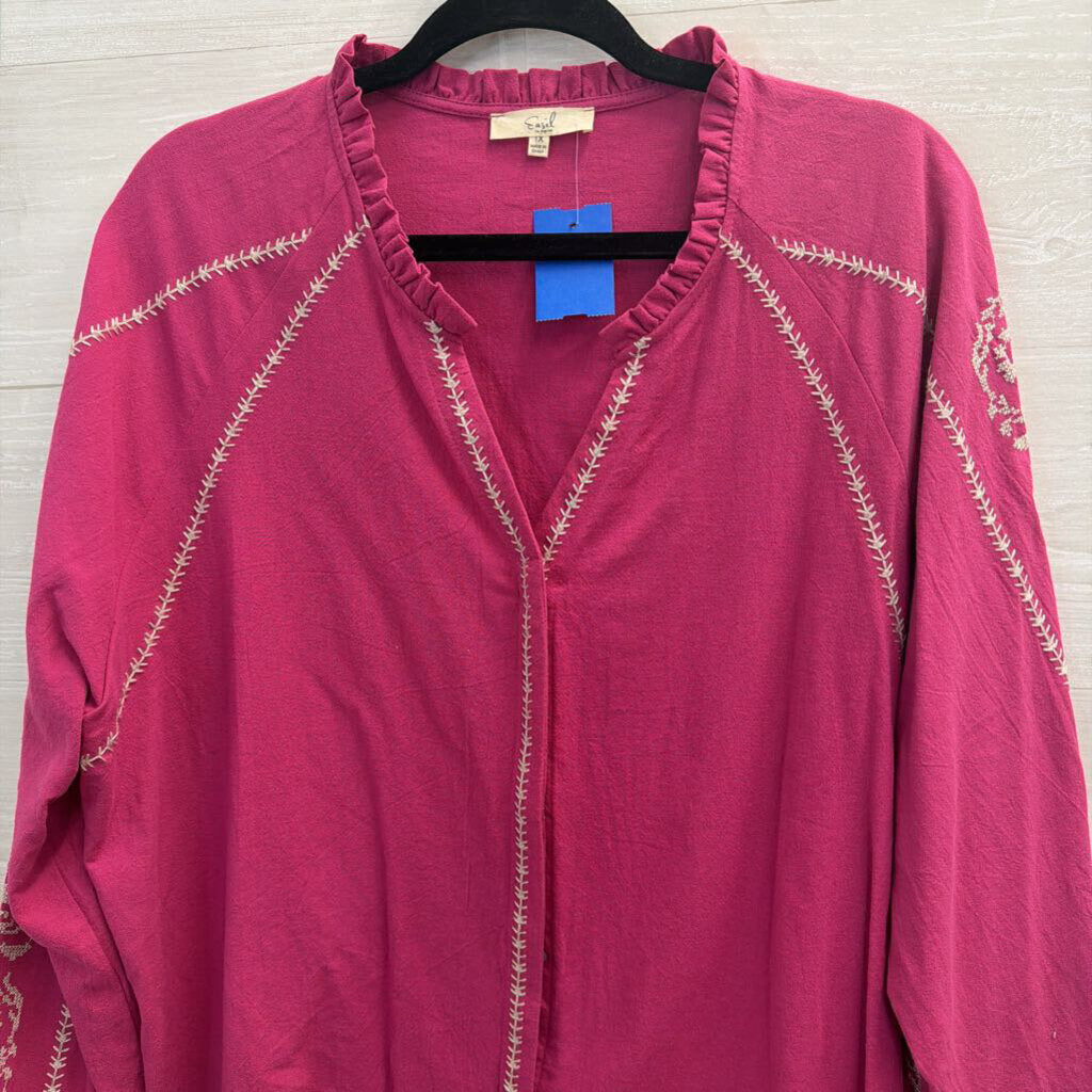 Easel Pink/ Cream Embroidered Long Sleeve Top 1X