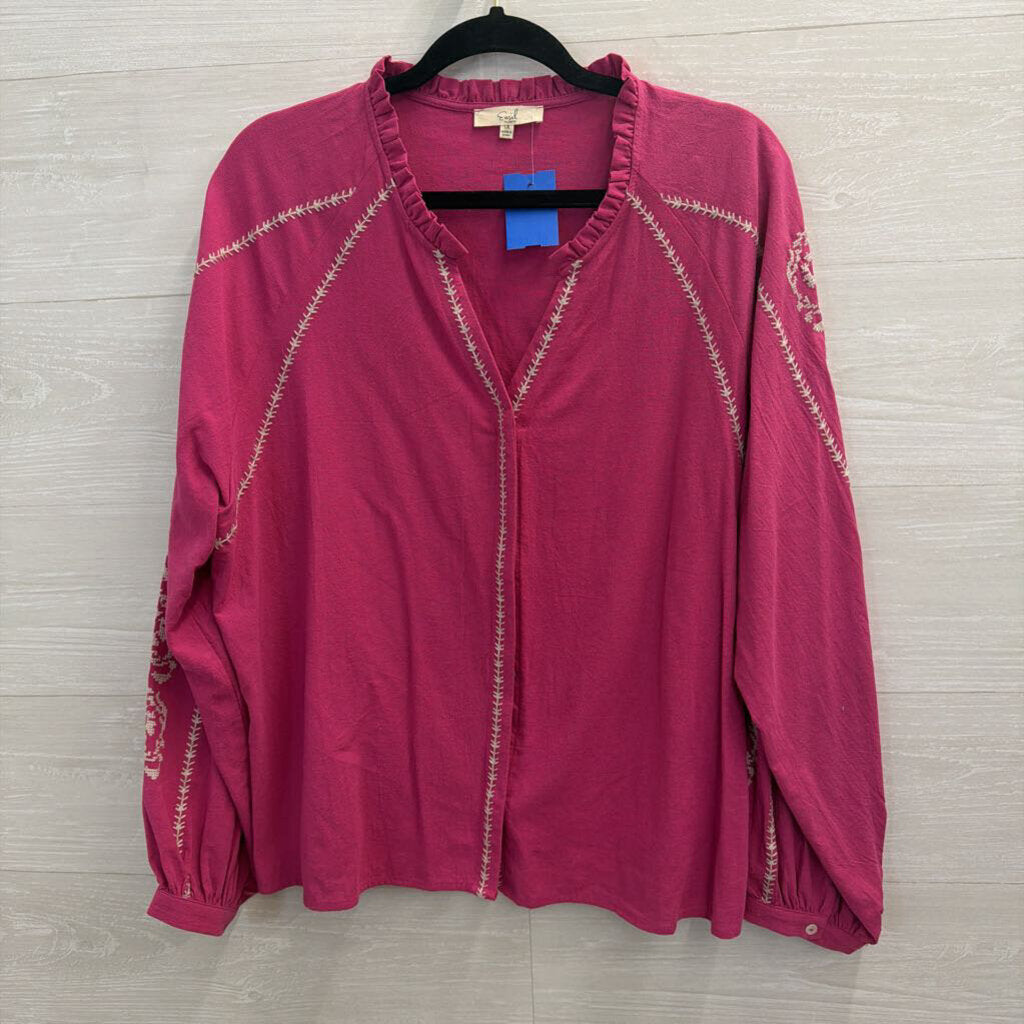 Easel Pink/ Cream Embroidered Long Sleeve Top 1X