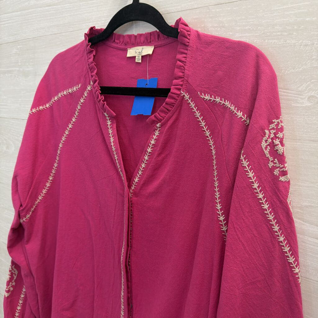 Easel Pink/ Cream Embroidered Long Sleeve Top 1X