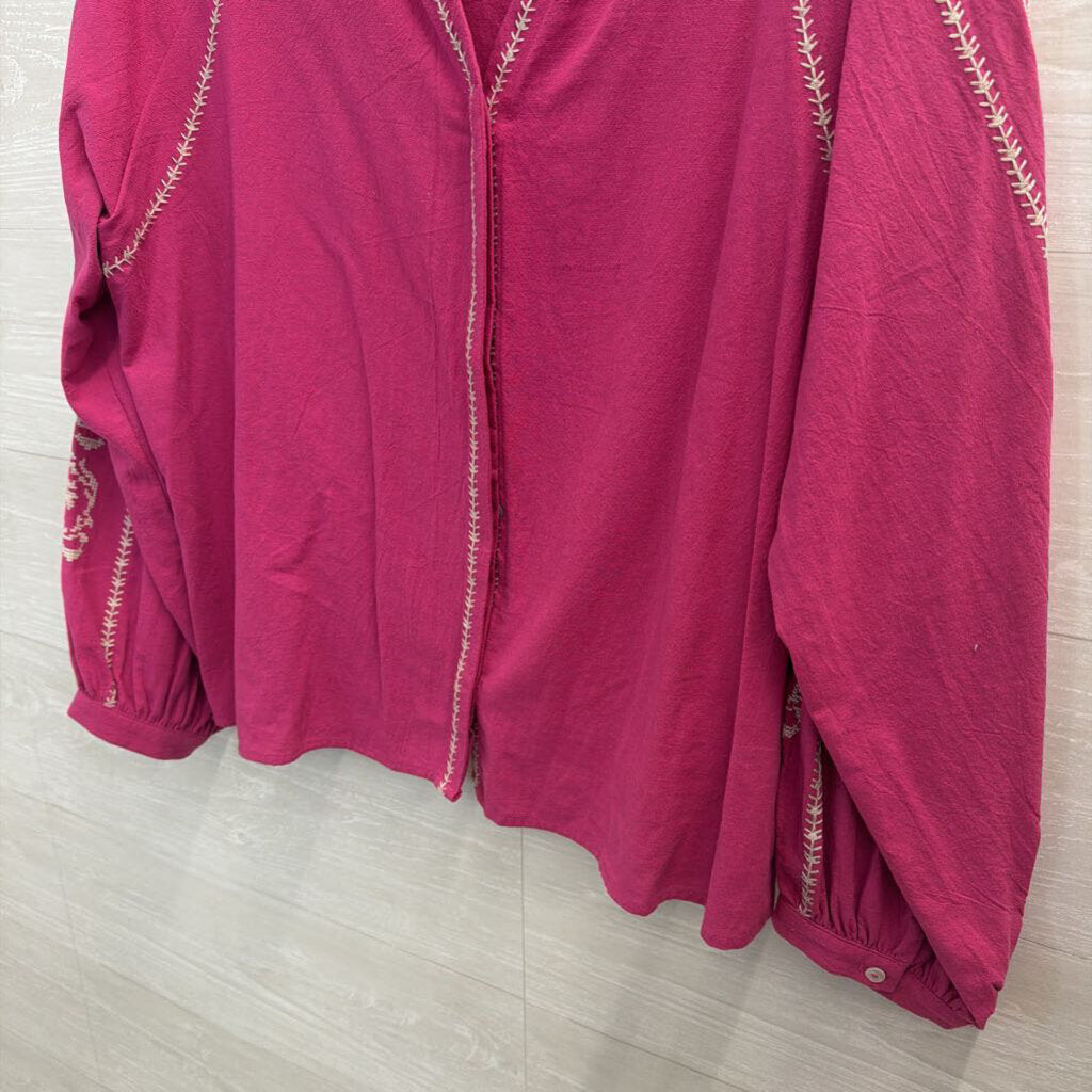 Easel Pink/ Cream Embroidered Long Sleeve Top 1X