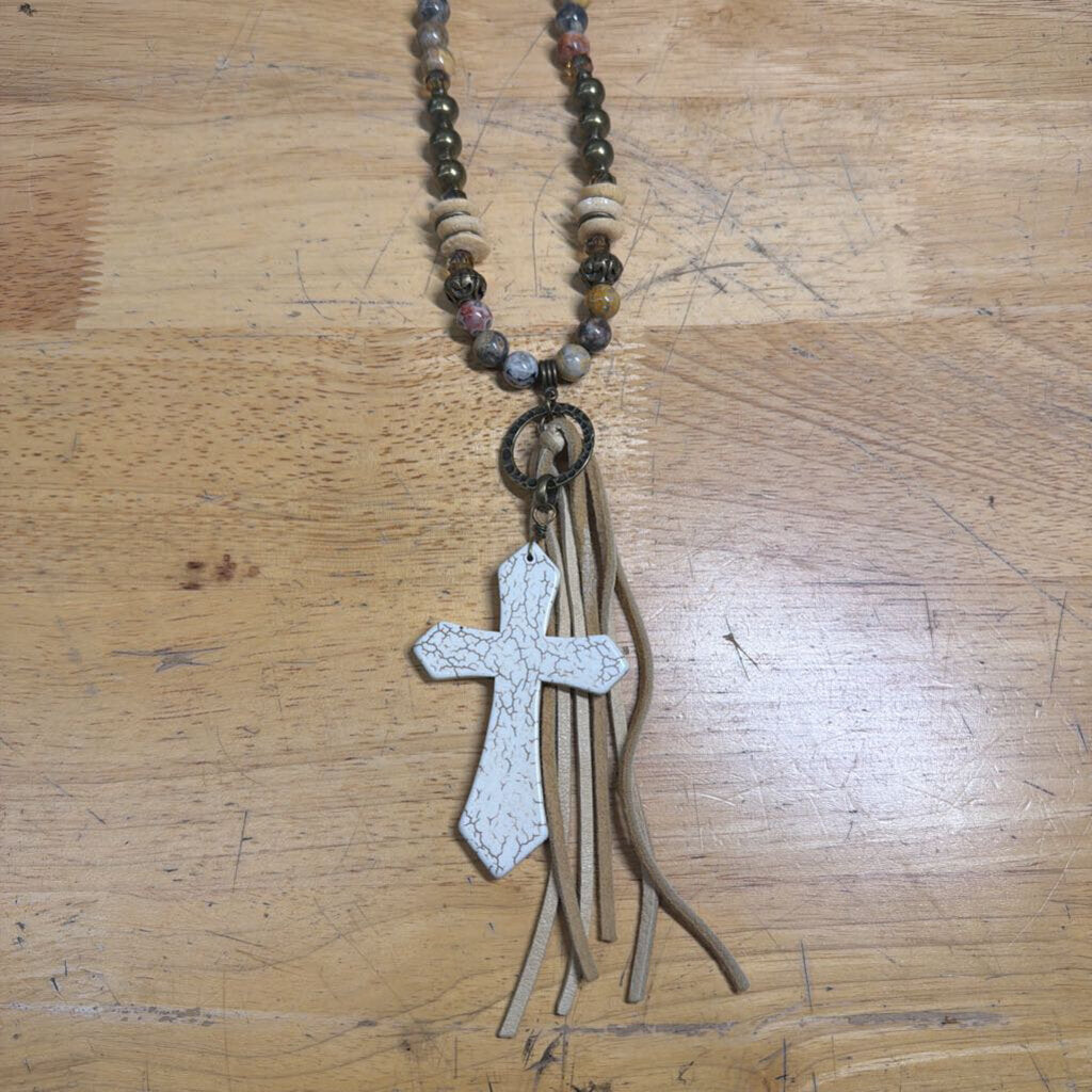 Gold/ Multi Beaded White Cross Pendant Long Necklace