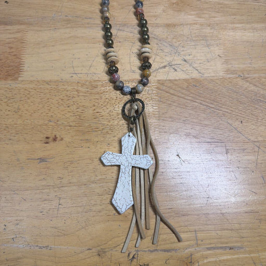 Gold/ Multi Beaded White Cross Pendant Long Necklace