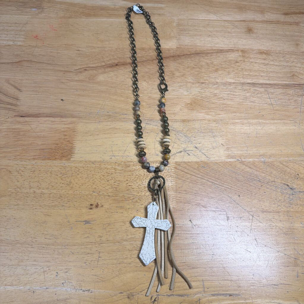 Gold/ Multi Beaded White Cross Pendant Long Necklace