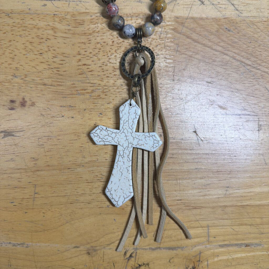 Gold/ Multi Beaded White Cross Pendant Long Necklace
