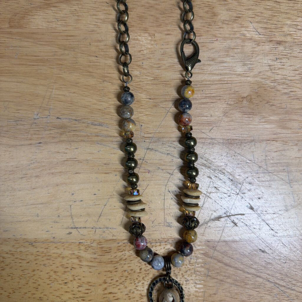 Gold/ Multi Beaded White Cross Pendant Long Necklace