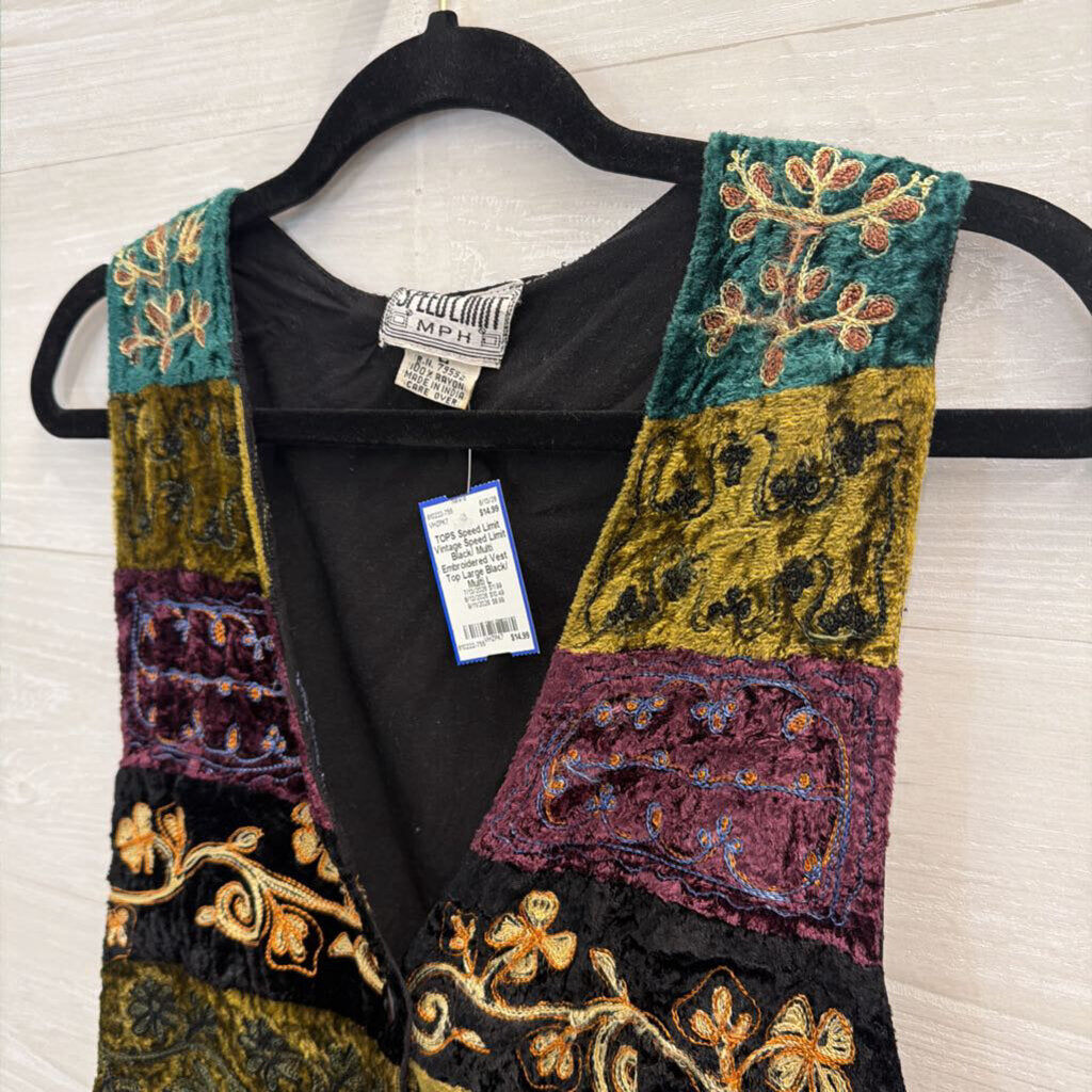 Vintage Speed Limit Black/ Multi Embroidered Vest Top Large