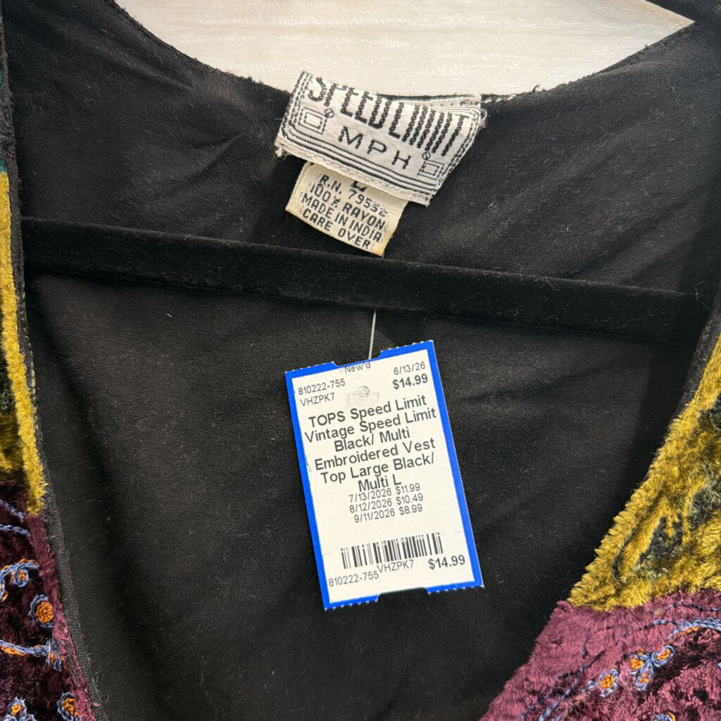 Vintage Speed Limit Black/ Multi Embroidered Vest Top Large
