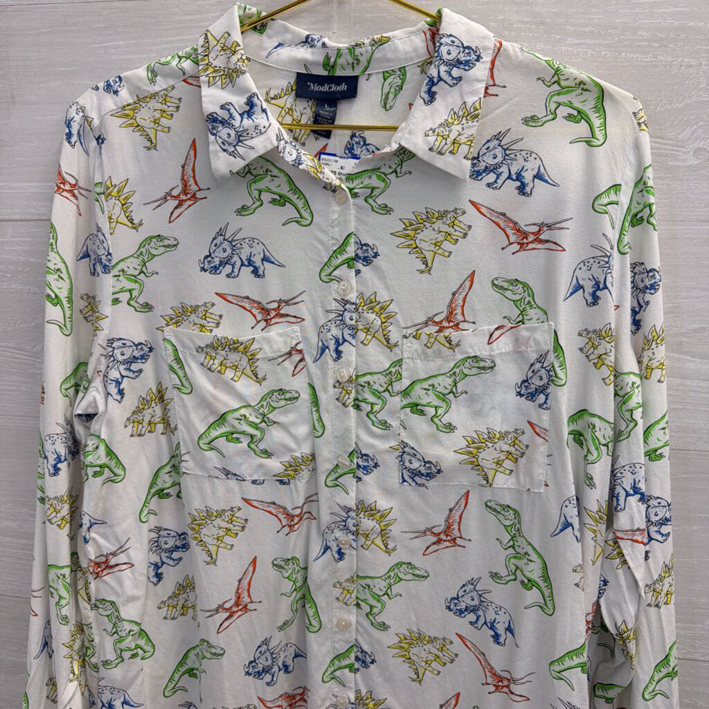 ModCloth White/ Multi Dinosaur Print Long Sleeve Button Down Top Large