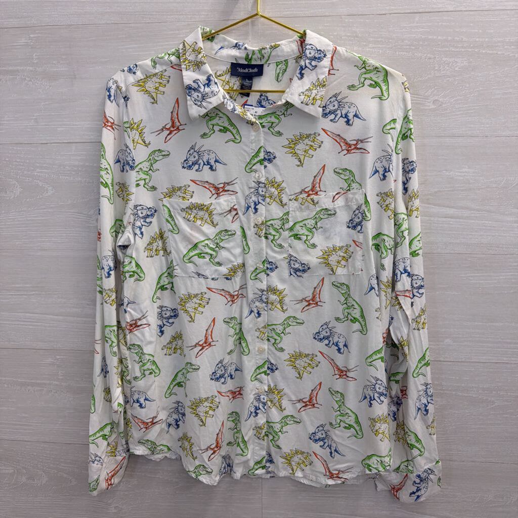 ModCloth White/ Multi Dinosaur Print Long Sleeve Button Down Top Large