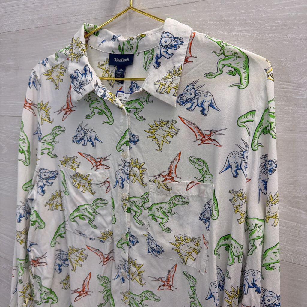ModCloth White/ Multi Dinosaur Print Long Sleeve Button Down Top Large
