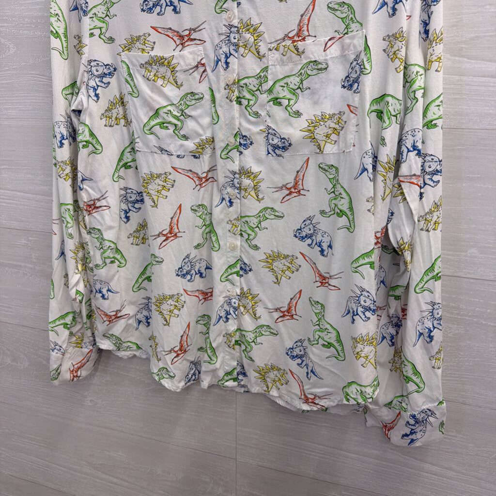 ModCloth White/ Multi Dinosaur Print Long Sleeve Button Down Top Large