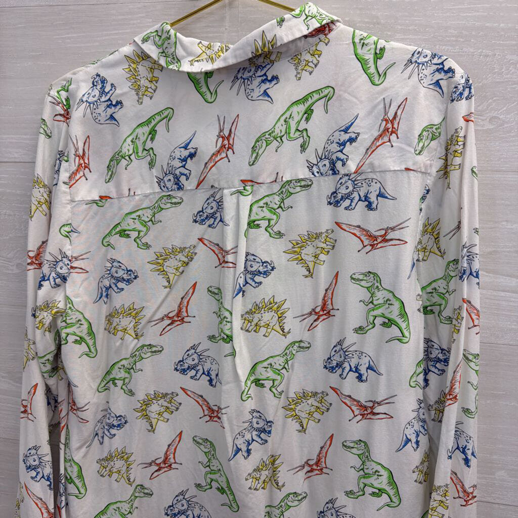 ModCloth White/ Multi Dinosaur Print Long Sleeve Button Down Top Large