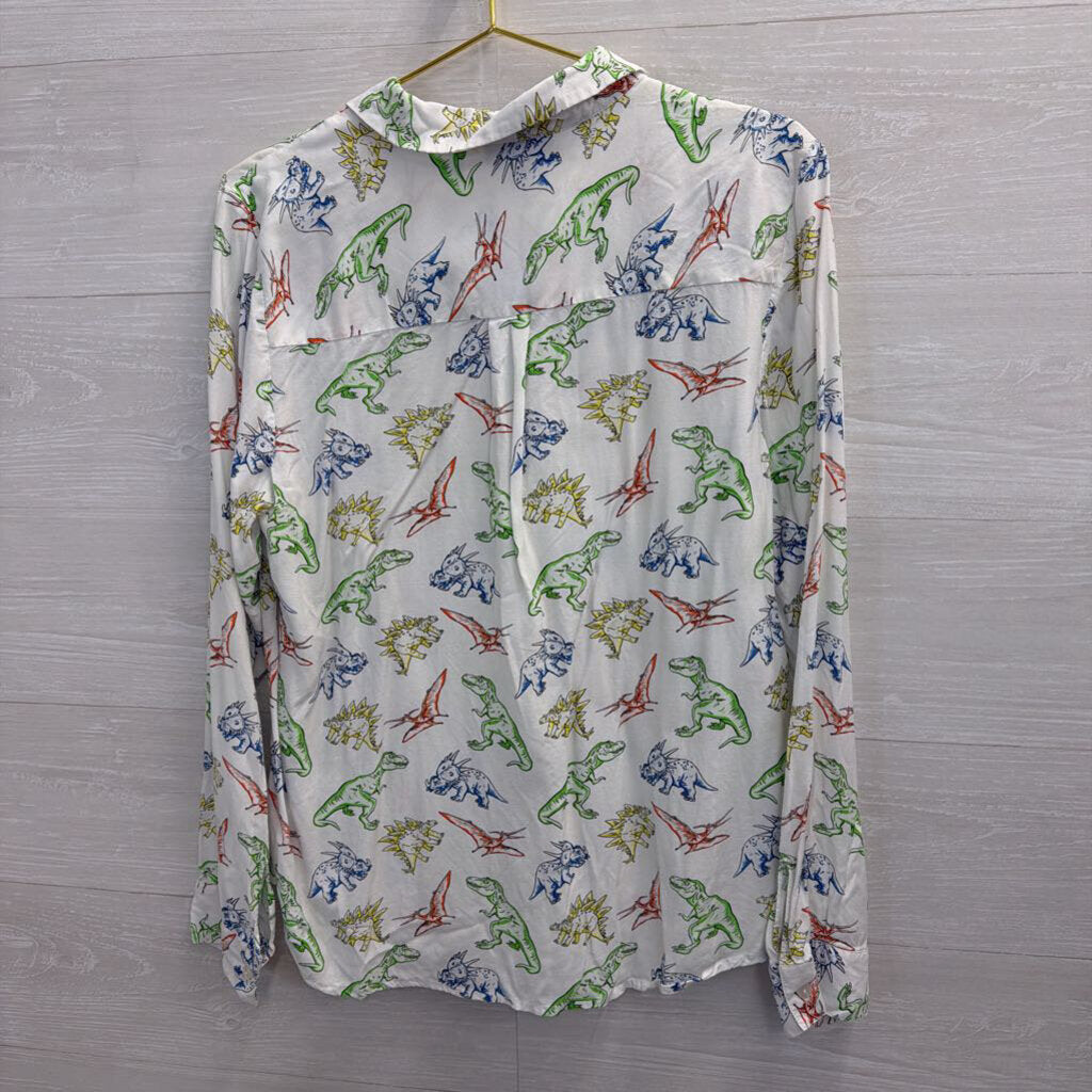 ModCloth White/ Multi Dinosaur Print Long Sleeve Button Down Top Large