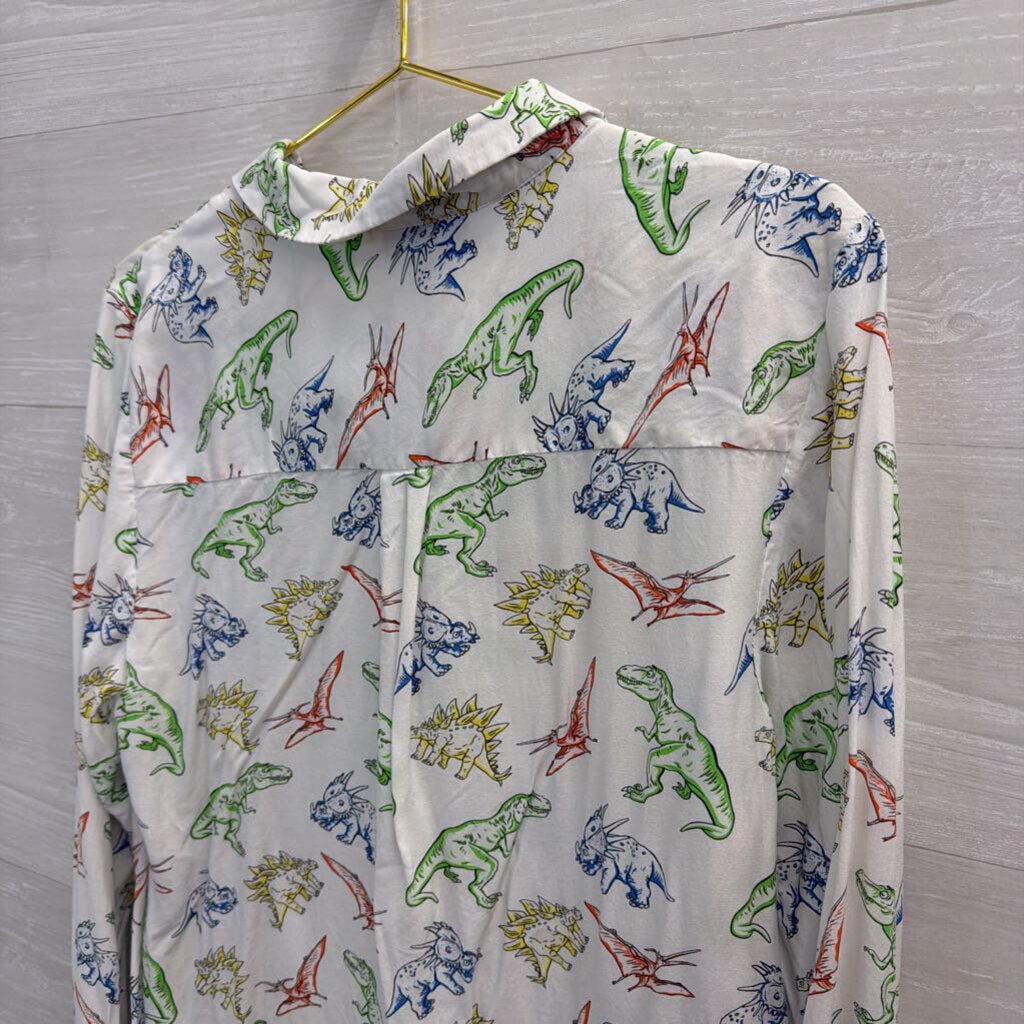 ModCloth White/ Multi Dinosaur Print Long Sleeve Button Down Top Large