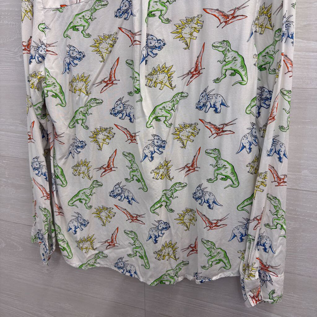 ModCloth White/ Multi Dinosaur Print Long Sleeve Button Down Top Large