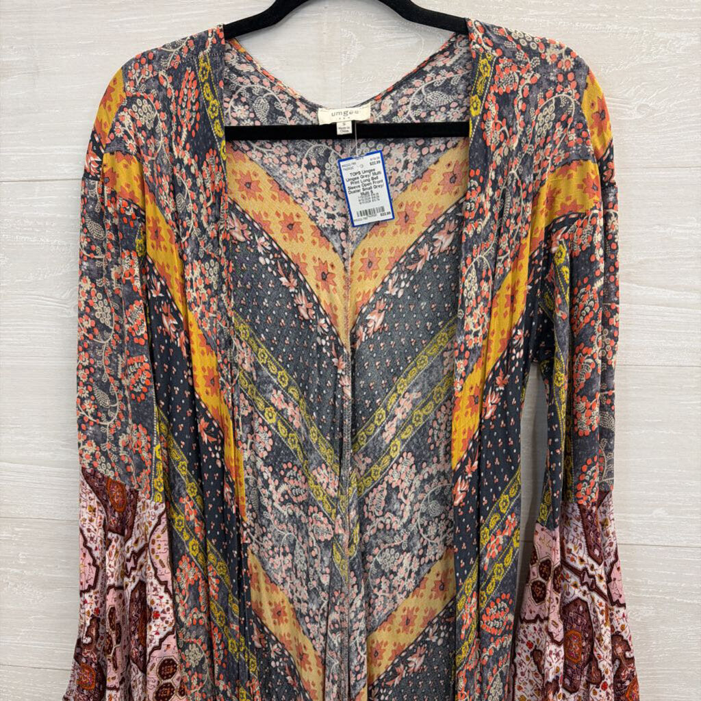 Umgee Grey/ Multi Print Long Bell Sleeve Open Front Duster Small