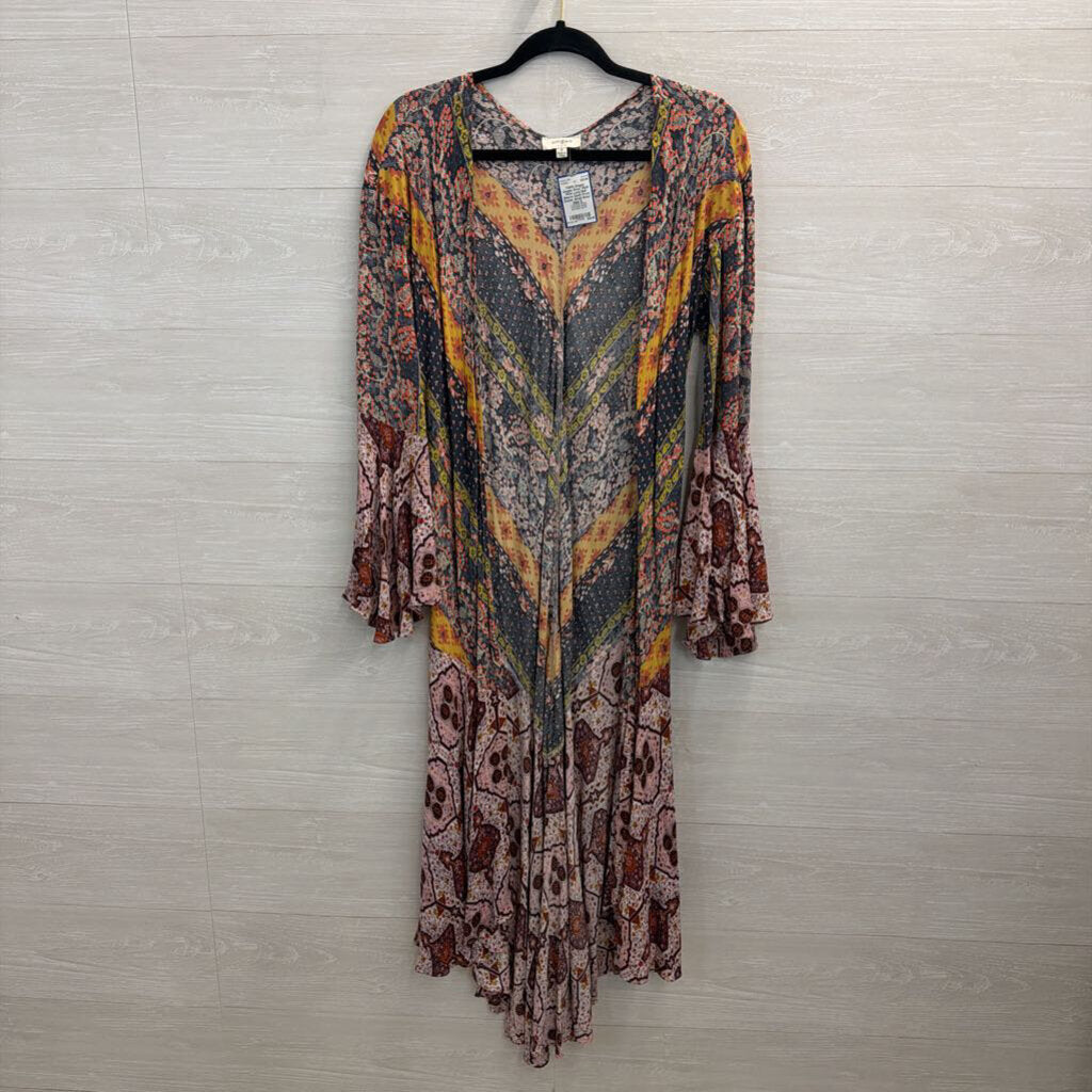 Umgee Grey/ Multi Print Long Bell Sleeve Open Front Duster Small