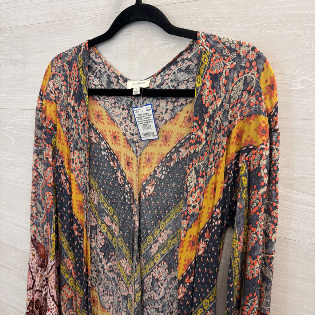 Umgee Grey/ Multi Print Long Bell Sleeve Open Front Duster Small