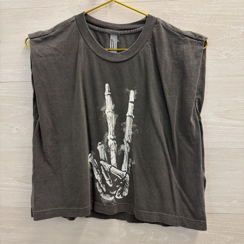 Grey Skeleton Peace Sign Cropped Sleeveless Top Small