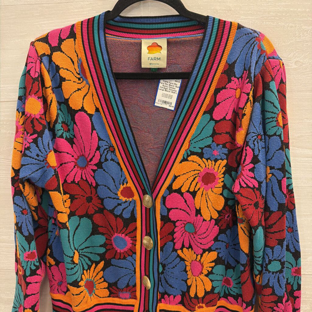Farm Rio Black/ Multi Sunny Daisies Cardigan Sweater Large