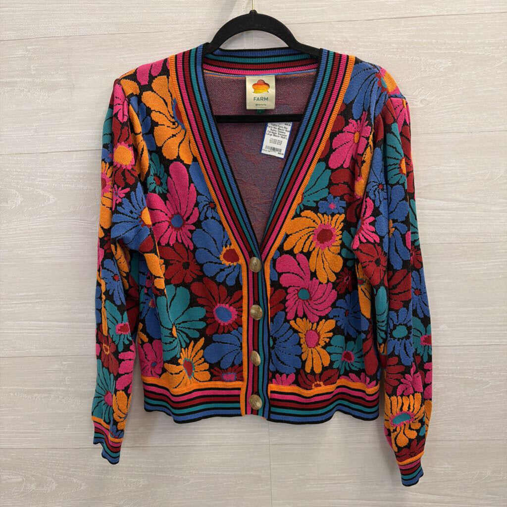 Farm Rio Black/ Multi Sunny Daisies Cardigan Sweater Large