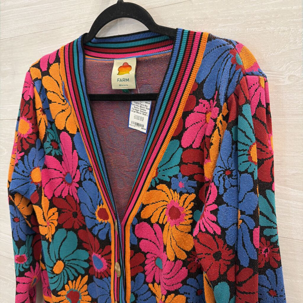 Farm Rio Black/ Multi Sunny Daisies Cardigan Sweater Large