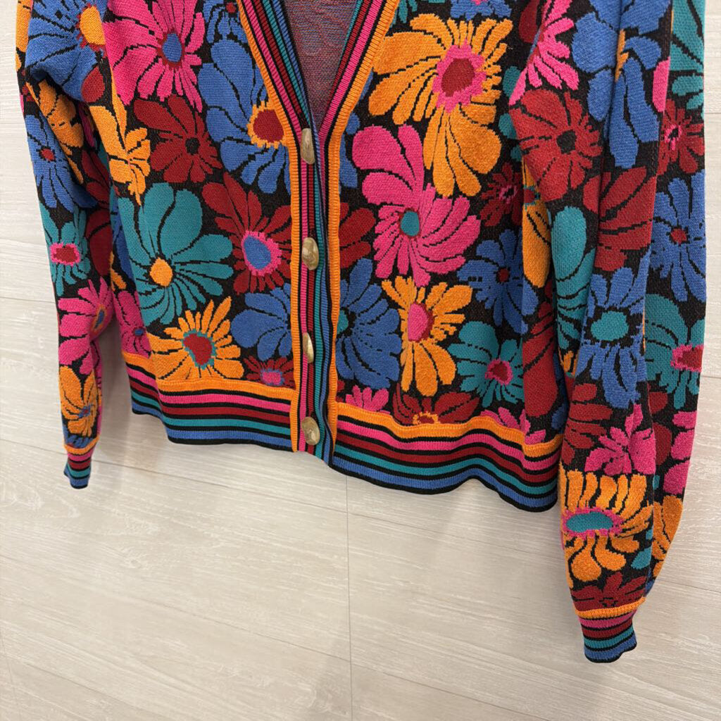 Farm Rio Black/ Multi Sunny Daisies Cardigan Sweater Large