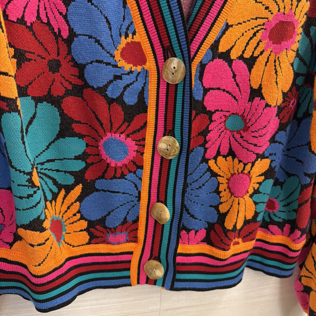 Farm Rio Black/ Multi Sunny Daisies Cardigan Sweater Large