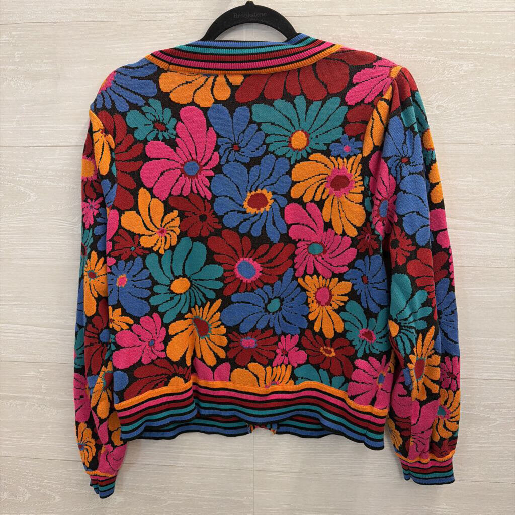 Farm Rio Black/ Multi Sunny Daisies Cardigan Sweater Large