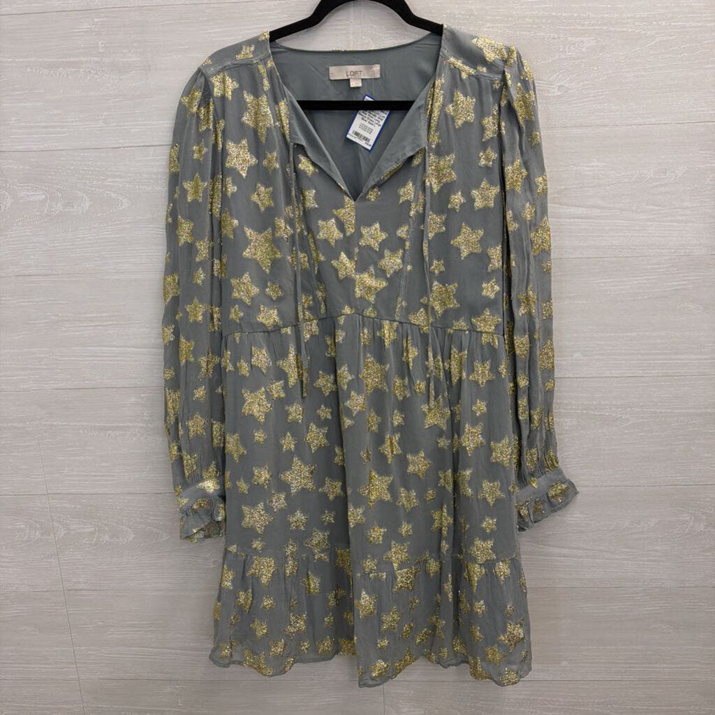 Loft Blue/ Metallic Gold Star Print Long Sleeve Dress Large