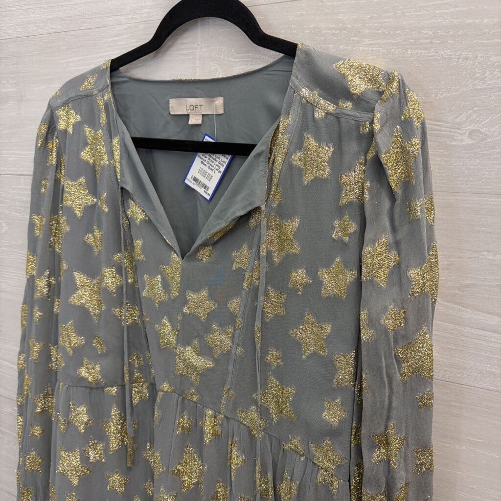 Loft Blue/ Metallic Gold Star Print Long Sleeve Dress Large