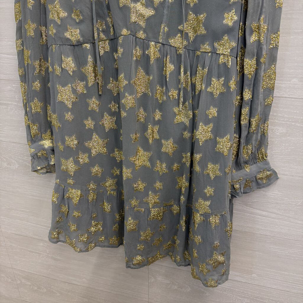 Loft Blue/ Metallic Gold Star Print Long Sleeve Dress Large