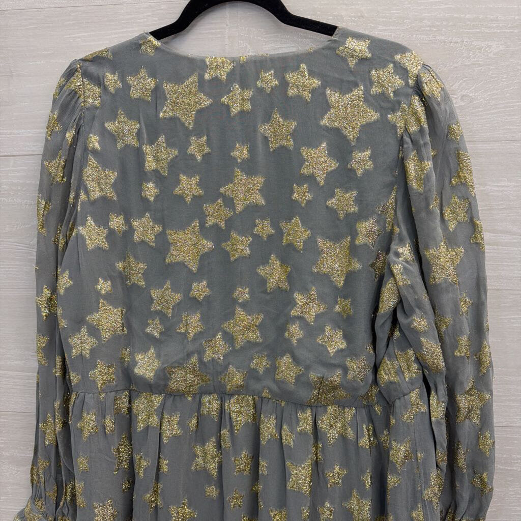 Loft Blue/ Metallic Gold Star Print Long Sleeve Dress Large